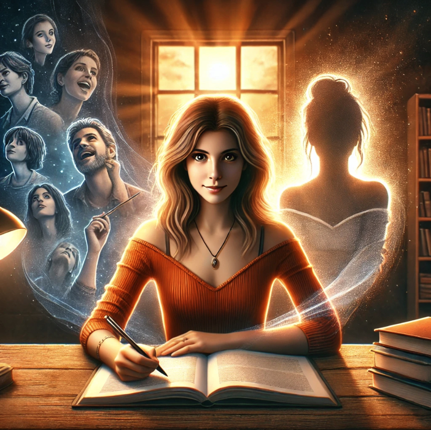 An inspiring illustration of a confident woman writing at her desk, illuminated by a warm light, with subtle shadows symbolizing self-doubt fading into light.