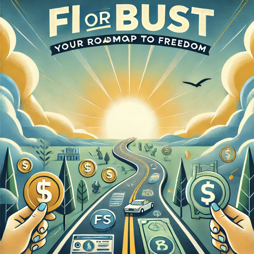 FI or Bust: Your Roadmap to Freedom - An artistic illustration of a winding road leading to a sunrise, symbolizing the journey toward financial independence, with dollar signs, financial symbols, and a peaceful green landscape.